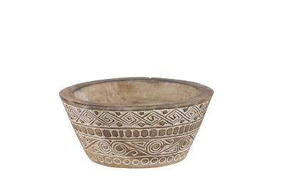 Image showing  Round Decorative Hand-Carved Wood Bowl with Tribal Design, Brown/White, Large, 15.5 in. x 7 in.