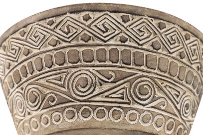 Image showing  Round Decorative Hand-Carved Wood Bowl with Tribal Design, Brown/White, Large, 15.5 in. x 7 in.