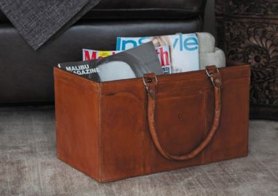 Harper & Willow Rectangular Handmade Authentic Leather Magazine Holder with Leather Handles, 15 in. x 6 in., Brown
