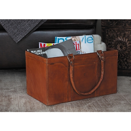Harper & Willow Rectangular Handmade Authentic Leather Magazine Holder with Leather Handles, 15 in. x 6 in., Brown