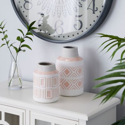 Harper & Willow 2 pc. Round Pink and White Geometric Textured Patterned Ceramic Vase Set, 7.5 in., 9.75 in.