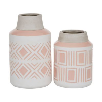 Image showing  2 pc. Round Pink and White Geometric Textured Patterned Ceramic Vase Set, 7.5 in., 9.75 in.