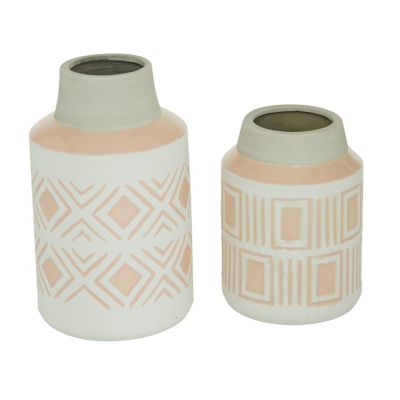 Image showing  2 pc. Round Pink and White Geometric Textured Patterned Ceramic Vase Set, 7.5 in., 9.75 in.