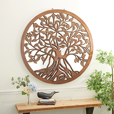 Harper & Willow Large Round Wall Art Mirror with Wood Carved Tree Center, 48 in. x 48 in.