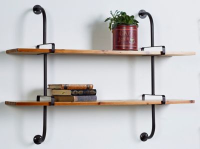 Harper & Willow Brown Wood 2 Level Wall Shelf with Black Metal Frame, 37" x 10" x 29"