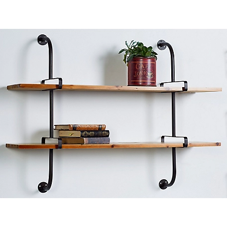 Harper & Willow Brown Wood 2 Level Wall Shelf with Black Metal Frame, 37" x 10" x 29"