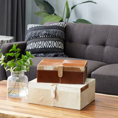 Harper & Willow Rectangular Brown and White Cowhide Leather Decorative Box Set, Assorted, 2 pc.