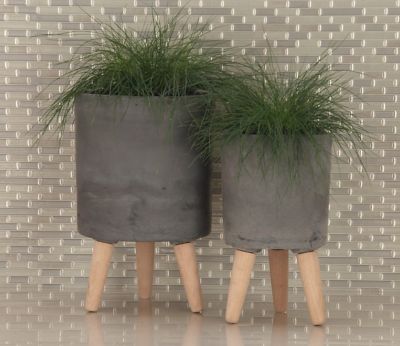 Image showing  Black Fiberclay Indoor Outdoor Planter with Wood Legs Set of 3 12 in., 15 in., 17 in.H