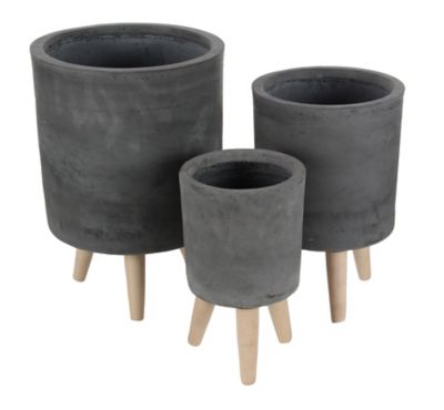 Image showing  Black Fiberclay Indoor Outdoor Planter with Wood Legs Set of 3 12 in., 15 in., 17 in.H