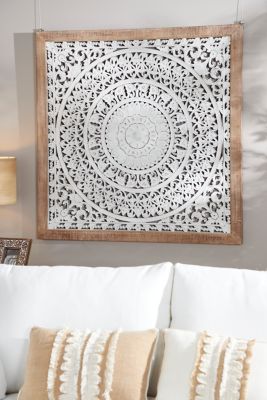 Harper & Willow Large Square Vintage White Carved Inlay Wood Wall Decor Set, 47 in. x 47 in.