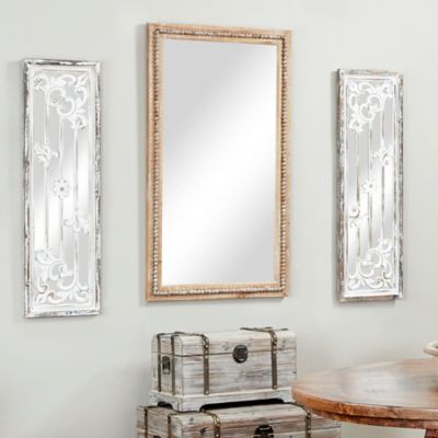 Harper & Willow Light Brown Wood Distressed Wall Mirror with Beaded Detailing 28" x 2" x 48", 43590