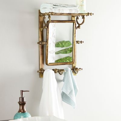 Harper & Willow Brass Bathroom Wall Rack With Hooks And Rectangular Mirror, 15 In. X 20 In.