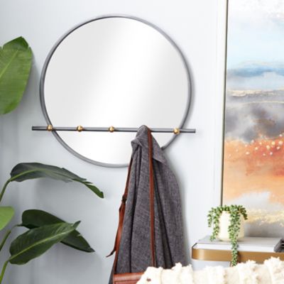 Harper & Willow Round Black Metal Mirror with Hooks, 26 in. x 24 in.