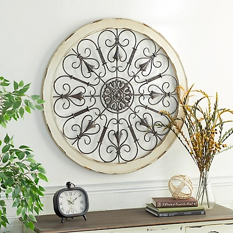 Harper & Willow Large Round Distressed White Wood and Metal Wall Decor with Tudor Rose and Scrollwork, 36 in. x 36 in.