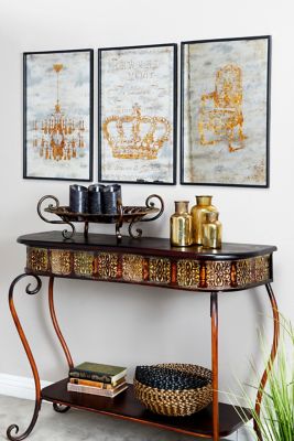 Harper & Willow Large Metallic Gold Chandelier Wall Art on Iron Panel in Wood Frame, 16 in. x 24 in.