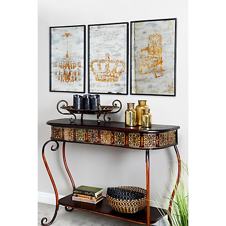 Harper & Willow Large Metallic Gold Chandelier Wall Art on Iron Panel in Wood Frame, 16 in. x 24 in.