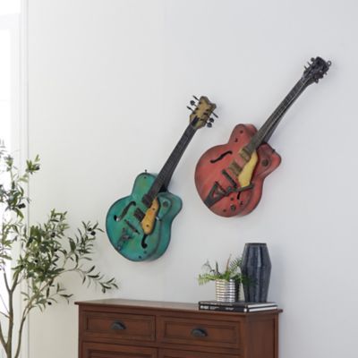 Harper & Willow Red and Aqua Metal Electric Guitar Wall Decor, 14 in. x 35 in.