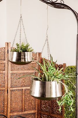 Harper & Willow Silver Metal Indoor Outdoor Hanging Dome Wall Planter with Chain Set of 2 5 in., 7 in. H