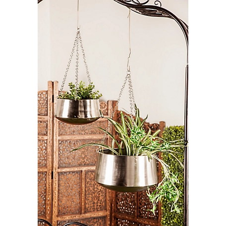 Harper & Willow Silver Metal Indoor Outdoor Hanging Dome Wall Planter with Chain Set of 2 5 in., 7 in. H