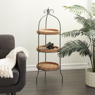 Harper & Willow Brown Metal Arched Beaded 3 Shelves Shelving Unit with Scroll Top 17" x 17" x 51"