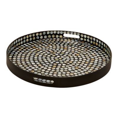 Image showing  Lacquer and Shell Serving Tray with Handles, Coastal Decor with Mother of Pearl Shells, 24 in. x 3 in.