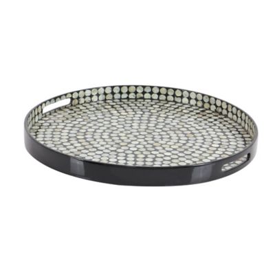 Image showing  Lacquer and Shell Serving Tray with Handles, Coastal Decor with Mother of Pearl Shells, 24 in. x 3 in.
