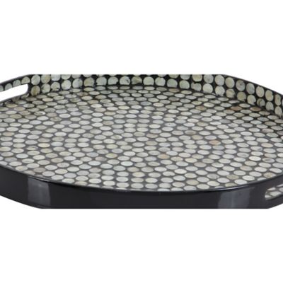 Image showing  Lacquer and Shell Serving Tray with Handles, Coastal Decor with Mother of Pearl Shells, 24 in. x 3 in.