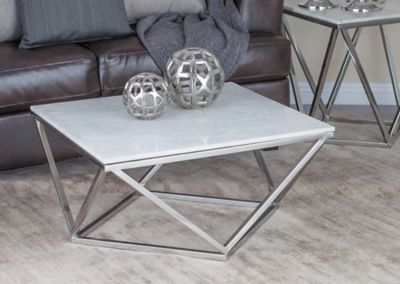 Harper & Willow Square White Marble Coffee Table with Silver Stainless Steel Modern Geometric Base, 29 in.