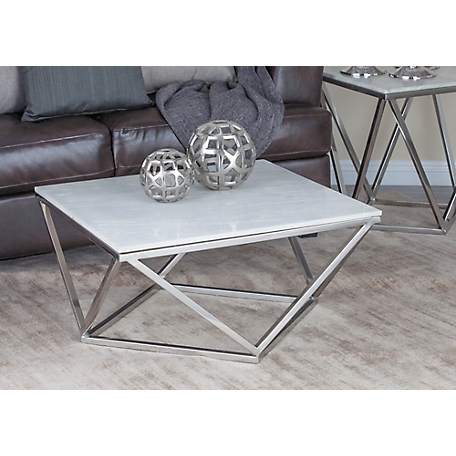 Harper & Willow Square White Marble Coffee Table with Silver Stainless Steel Modern Geometric Base, 29 in.