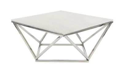 Image showing  Square White Marble Coffee Table with Silver Stainless Steel Modern Geometric Base, 29 in.