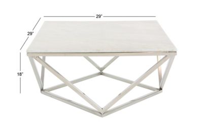 Image showing  Square White Marble Coffee Table with Silver Stainless Steel Modern Geometric Base, 29 in.