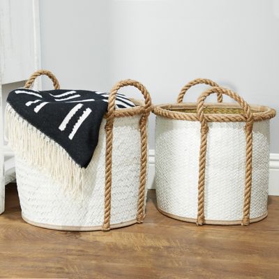Harper & Willow Natural and White Dip-Dyed Large Round Palm Leaf Wicker Storage Baskets, 17 in., 15 in., 13 in., 3 pc.