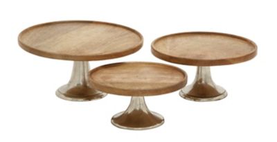 Image showing  Brown Mango Wood Cake Stand with Aluminum Accents Set of 3 10", 12", 14"W