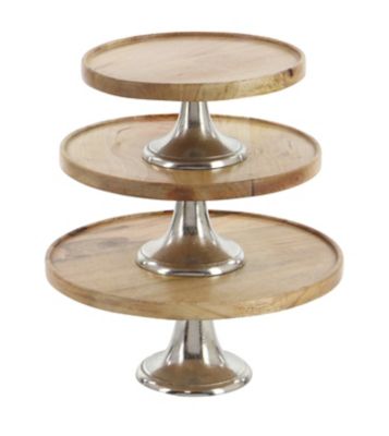 Image showing  Brown Mango Wood Cake Stand with Aluminum Accents Set of 3 10", 12", 14"W