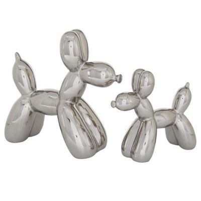 Image showing  Gloss-Finish Ceramic Balloon Dog Sculptures, 7 in., 9 in., Silver, 2 pc.