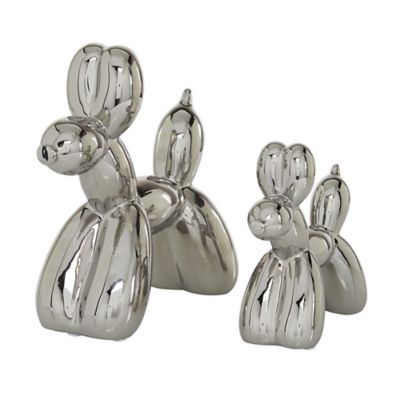 Image showing  Gloss-Finish Ceramic Balloon Dog Sculptures, 7 in., 9 in., Silver, 2 pc.