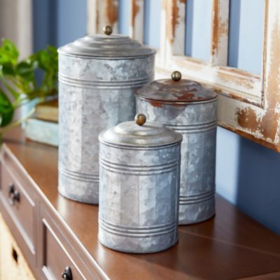 Harper & Willow Round Silver Galvanized Metal Storage Jars, Lids, 3 pc.