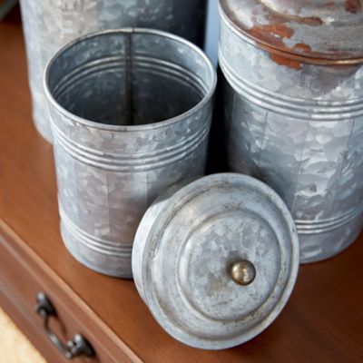 Image showing  Assorted Round Silver Galvanized Metal Storage Jars with Lids, 3 pc.