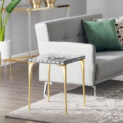 Harper & Willow 16 in. x 20 in. Square Black Wood Accent Table with White Shell Detail and Gold Metal Base