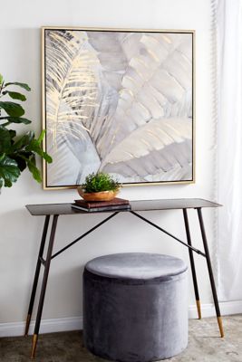 Harper & Willow Large Square Acrylic Painting of Beige Gray and Gold Palm Leaves and Ferns in Wood Frame, 39.5 in. x 39.5 in.