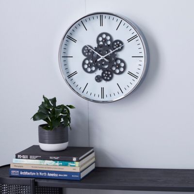 Harper & Willow 16 in. x 16 in. Round Metal Wall Clock with Functioning Gear Center and Silver Rim, Black/White