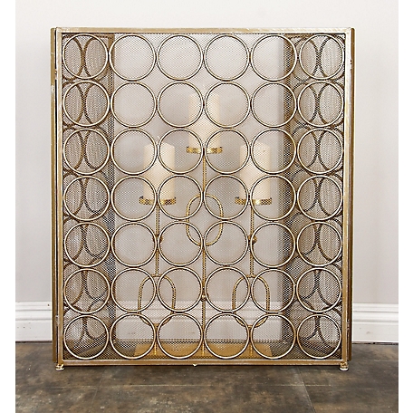 Harper & Willow Brass Metal Foldable Mesh Netting 3 Panel Geometric Fireplace Screen with Circle Pattern 47 x 1 x 32in.