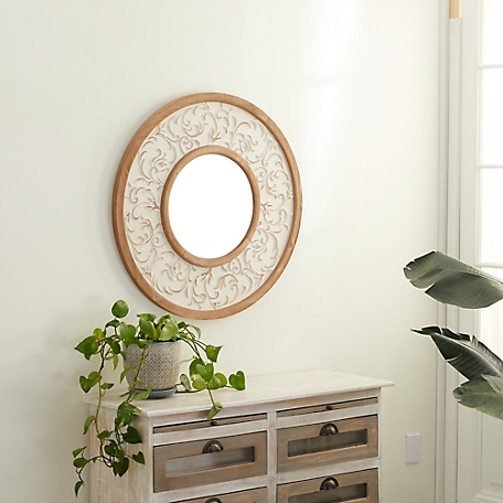 Harper & Willow Traditional Round Wood Medium Brown Wall Mirror, 31 in.