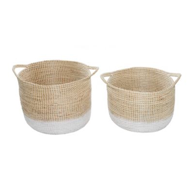 Image showing  Large Round White and Natural Woven Seagrass Basket Set, Assorted, 2 pc.