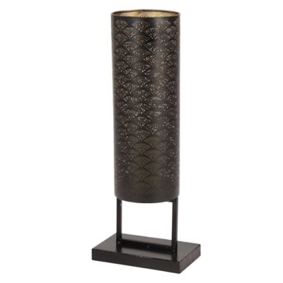 Image showing  Modern Style Large Black Cylinder Metal Lantern with Pierced Metal Boho Pattern on Metal Base, 10" x 27", 82910