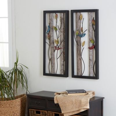 Harper & Willow Large Rectangular Red and Blue Birds on Branches Wood and Metal Wall Decor, 16 in. x 36 in., 2 pc.
