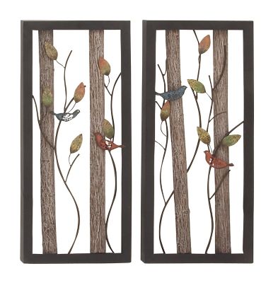 Image showing  Large Rectangular Red and Blue Birds on Branches Wood and Metal Wall Decor, 16 in. x 36 in., 2 pc.