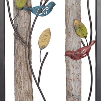Image showing  Large Rectangular Red and Blue Birds on Branches Wood and Metal Wall Decor, 16 in. x 36 in., 2 pc.