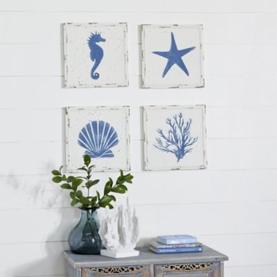Harper & Willow Small Square Antique White and Navy Metal Coastal Wall Decors, 12 in. x 12 in.