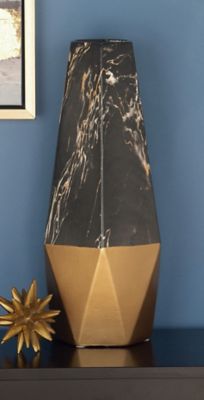 Harper & Willow 7 in. x 18 in. Large Contemporary-Style Gold and Black Marble Ceramic Vase with Geometric Silhouette